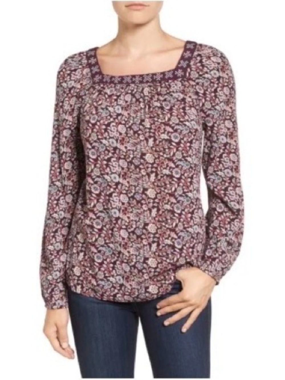 Caslon Burgundy Floral Peasant Blouse